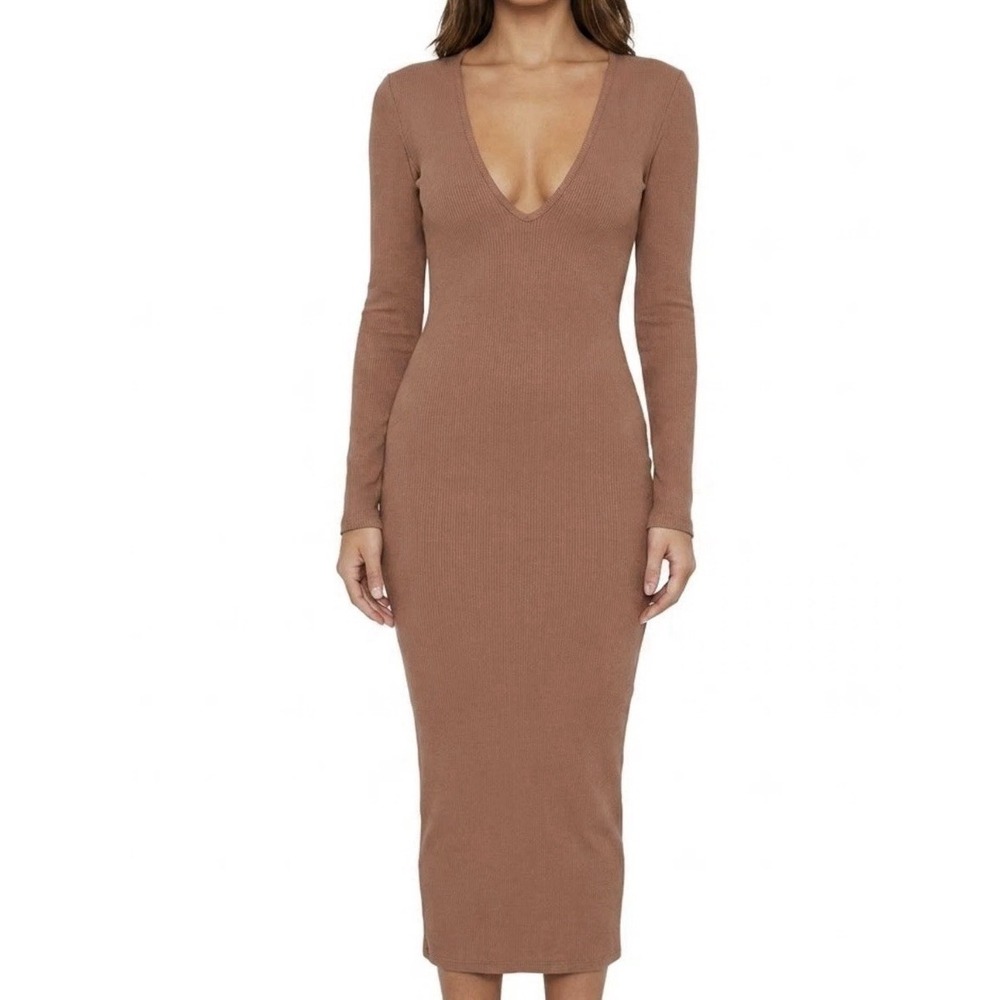 Naked Wardrobe Bodycon Dress Womens 2X Tan Knit VNeck Long Sleeve Ribbed Stretch